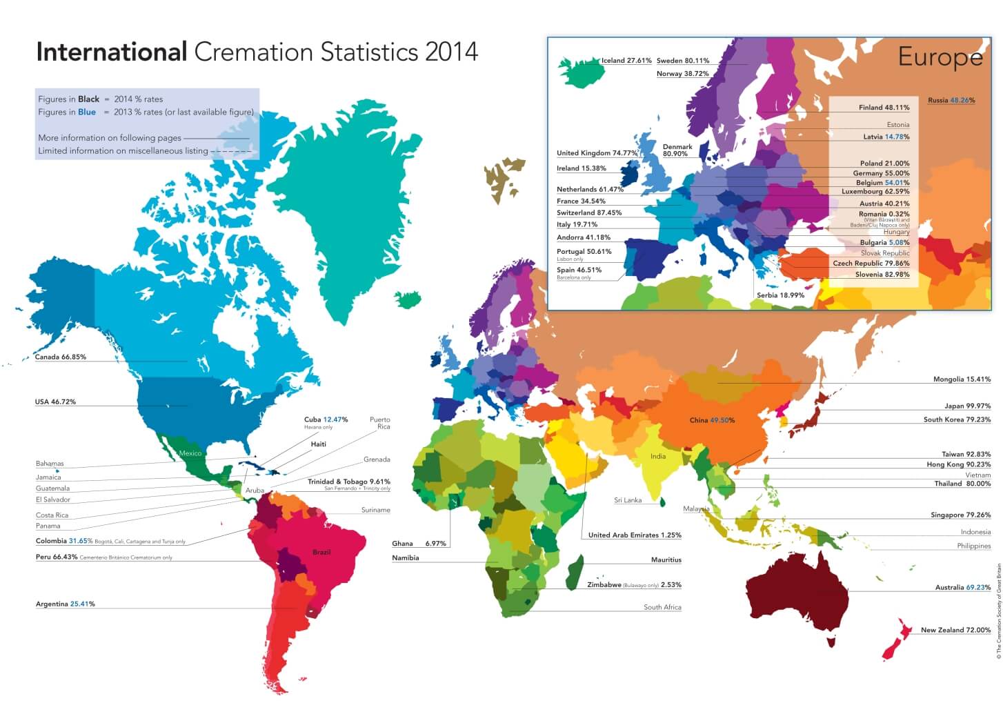 Statystyki kremacji na świecie w 2014 r.